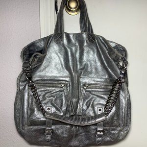 La Victoire Heavy Metallic Silver Leather Satchel